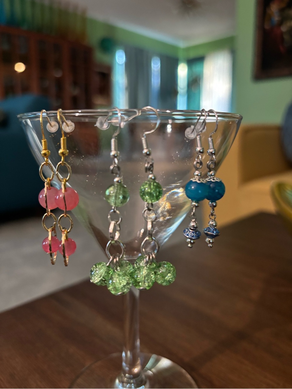 Handmade Pink, Green & Blue Bead Drop Earrings - Set of 3